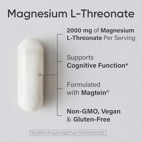 Image of Sports Research Magnesium L-Threonate 2000mg w /Magtein, 180 Count | 2000mg /144mg Elemental Mag per Serving - Brain & Sleep Support - Vegan, Non-GMO, Gluten Free