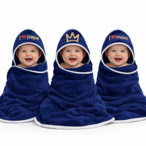 Image of First Kick Baby Blanket Newborn Polar Fleece Hooded Blanket with Premium Embroidery, 200 GSM All-Weather Newborn Wrapper, White Piping Stitch, 24 x 30 Inches, 0-6 Months, Navyblue