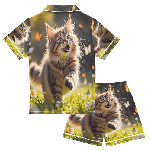ALAZA Cat Butterfly Blossom Cat Kitten Satin Pajamas Set Short Sleeve Button Down Sleepwear Summer Pjs 2 Piece2