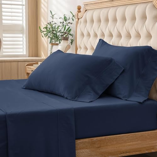 PURE ERA Jersey Knit 4pc Bed Sheet Set 100% T-Shirt Cotton Super Soft Comfy Breathable Fits Mattress Up to 20" Extra Deep Pocket (Solid Navy Blue, King)
