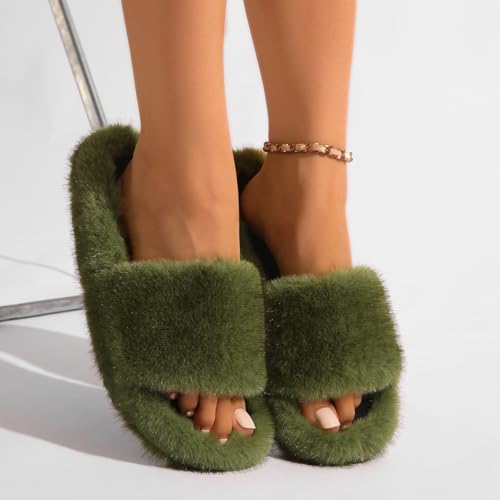 Women's Fuzzy Fluffy Furry Fur Slippers Flip Flop Open Toe Cozy Faux Fur Slip-On With Rubber Soles Shoes3