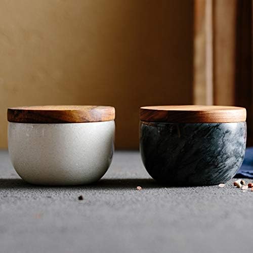 jalz jalz Salt Box Spice Pinch Pot Black Marble Base Wood Cover Salt Keeper Pepper Canister Salt Cellar Salt Jar