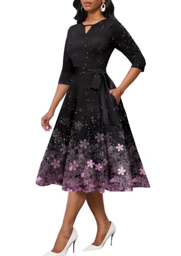 Image of CLOCOR Midi Dresses for Women Casual A-Line Fit and Flare Dress Crewneck 3 /4 Sleeve Keyhole Cocktail Party Church Dress