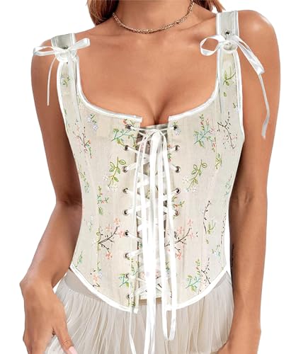 Women's Vintage Floral Renaissance Corset Top for Women Y2k Sleeveless Drawstring Floral Flower Embroidered Top