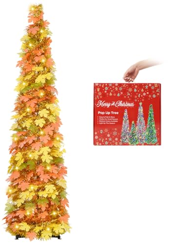 MACTING Fall Tree with 100 LED Warm Lights 5FT Collapsible Autumn Maple Leaf Pop Up Tinsel Tree Battery Operated with Timer Easy-Assembly for Porch Home Apartment Holiday Thanksgiving Christmas Decor