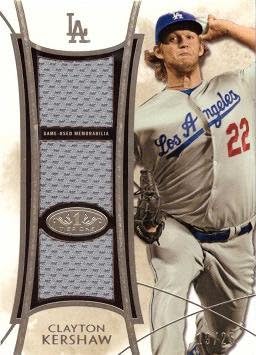 2014 Topps Tier One Triple Relics #TR-CKE Clayton Kershaw Game Worn Jersey Baseball Card - Only 25 made!