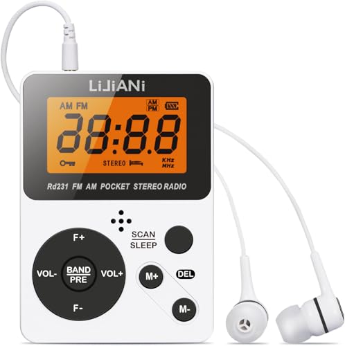 Pocket AM FM Radio Portable with Stereo Earphone, Battery Operated Radio by 2 AAA, Manual Preset, Large Screen, Lock Key Radios,Sleep Timer,Mini Radios,Digital(No Speaker) Walk/Camping Supplies