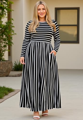 Image of Nemidor Plus Size Maxi Dress for Curvy Women Fall Casual Loose Long Sleeve Dresses with Pocket 14-26