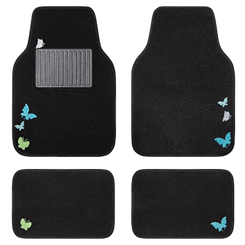 Car Pass Universal Flying Butterflies Colorful Embroidery With Heel Pad -Waterproof -Anti Slip Nibs,Car Floor Mats For Women Cute Girly,Fit 95% Automotive,Suvs,Sedan,Vans(Black Mint Blue Butterflies) #TOP7
