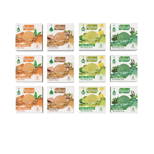 Image of Raissa Combo Pack Bath Soap - 85g (Pack of 12) | Includes Vrinda Tulsi, Haldi Chandan, Sandal Raja & Lime Lemon Soaps | Herbal & Refreshing | Skin-Friendly, Moisturizing & Gentle | Daily Use for All