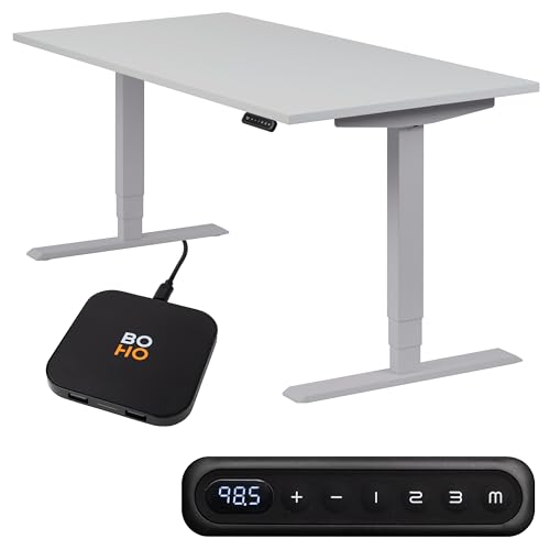 boho office® höhenverstellbarer Schreibtisch 160 x 80 cm - Elektrisch stufenlos, 2 Motoren, 3-Fach Teleskop, Memoryfunktion, inkl. Wireless Charger - Homedesk Silber inkl. Tischplatte in Lichtgrau