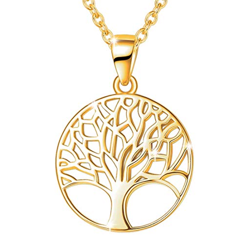 Collier Arbre de Vie Pendentif avec Chaîne en Argent Sterling 925 Plaqué Or Jaune Cadeau Bijoux pour Femme - Chaîne Longueur: 40+5 cm