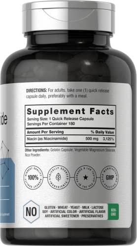 Horbäach Nicotinamide 500mg | 180 Capsules | Flush Free Dietary Supplement | Non-GMO and Gluten Free Vitamin