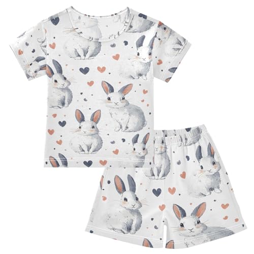ALAZA Rabbit Bunny Love Cartoon Pajamas Set Short Sleeve Cotton Sleepwear Summer Pjs 2 Piece 5-14Y