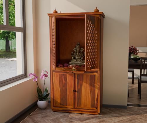 Image of Solid Sheesham Wood Temple for Home & Office /Mandir /God Stand /Pooja Stand /Home Mandap /Mandapam with Cabinet Doors & Multiple Storage (Honey-2, Large)