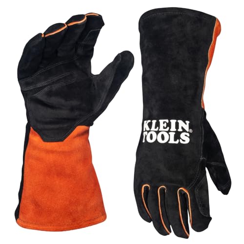 KLEIN TOOLS 60914 MIG Welding Gloves, Large, Split Cowhide Leather, Flame-Resistant Fleece Liner, Reinforced Palm, Thumb, and Index Finger, Kevlar Aramid Stitching