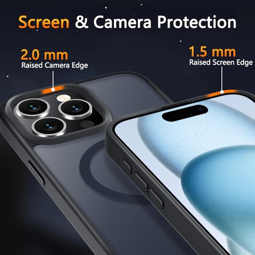 LATVIN for iPhone 15 Pro Case, Magnetic Phone Cover, Compatible with MagSafe, Military Grade Protection, Translucent Matte Frosted Back, Black - image 3