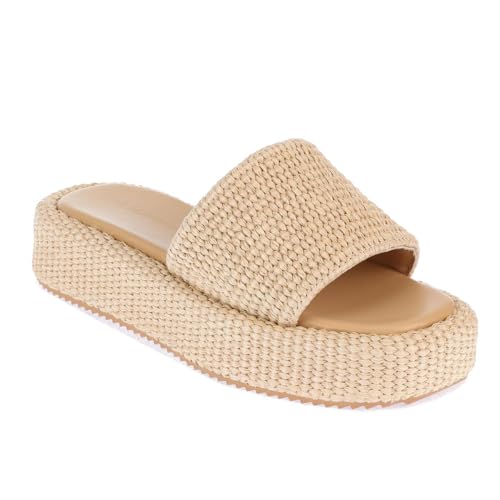 Image of Monrovia Platform Sandals Women Raffia Espadrille Slides, Woven Straw Flatform Beach Sandals Women, Slip On Summer Vacation Shoes, Comfortable Casual Daily Wear