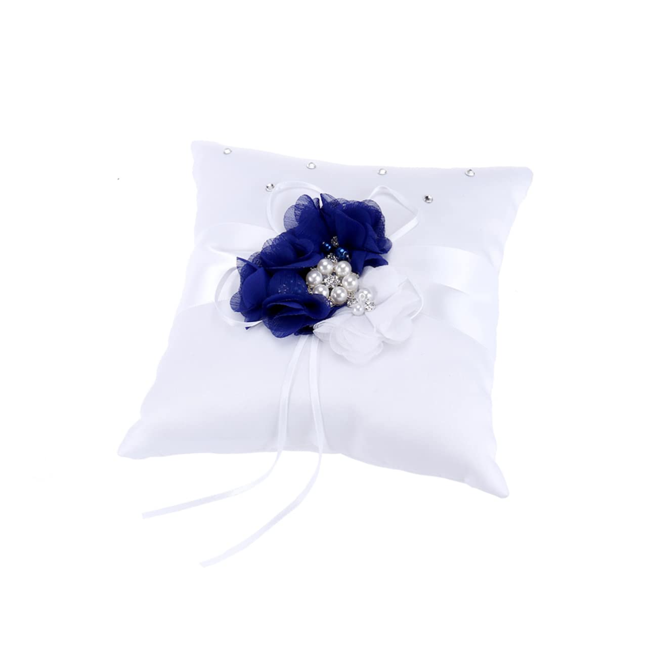 Garneck Ring Pillow for Wedding 20x20cm Ring Bearer Pillow Chic Blue White Flower Pearl Decorated Comfortable Soft Texture