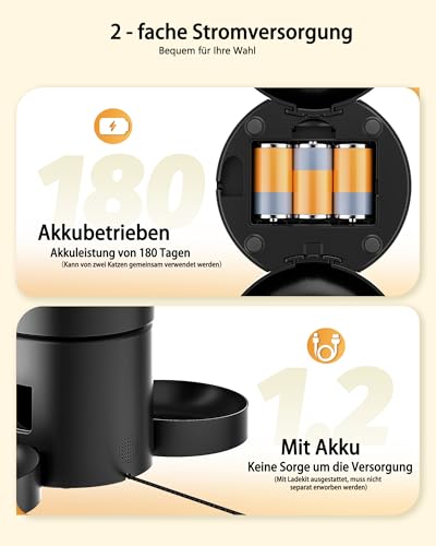 Miaosical Futterautomat Katze mit Doppelnäpfen für 2 Katzen, Kätzchen & kleine Hunde Futterspender (Schwarz, 4.2L+Grundlegend 2 Schalen)