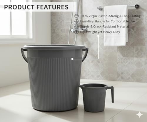 Image of MODWARE Plastic Bucket Set with Mug, 25L Bucket with 1.5L Mug, Polypropylene, Round Shape, (Grey, 25 L)