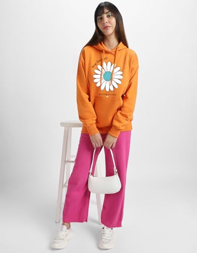 Image of JUNEBERRY Cotton Fleece Regular Fit Hooded Sweatshirt Lastest Back Graphic Printed Winter Hoodies for Women (Available in Colors: Black, SOYA Bean, Orange, Marshmellow, White & Lilac)