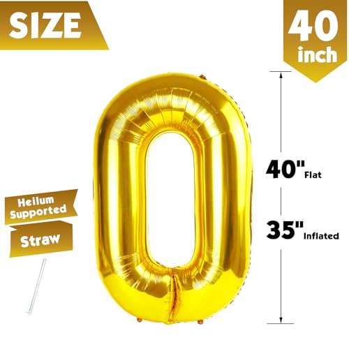 Image of 40 Inch Gold Number 0 Balloon Birthday Party Decorations for Men & Women | 40 Inch Gold inflatable foil number balloons, large birthday decorations for 0th birthday