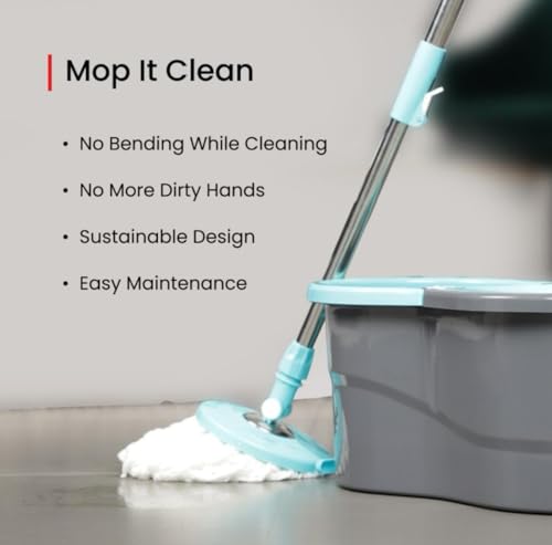 Image of Twin Bucket Spin Mop with Wheels and Puller Handle | 360 Adjustable Steel Handle | 2 High Absorbency Microfiber Refills | Pocha for Floor Cleaning - Home, Kitchen, Bathroom & Office (Grey)