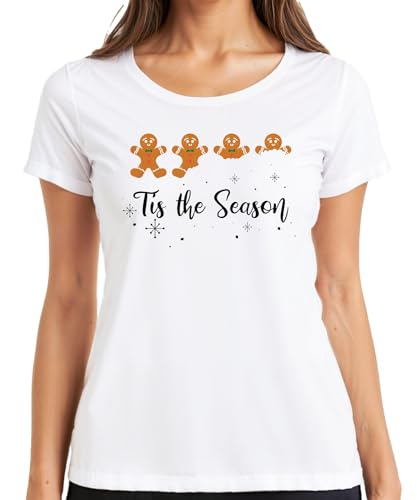 Tis The Season - Camiseta de manga corta para mujer, diseño de pan de jengibre, Blanco, XXL