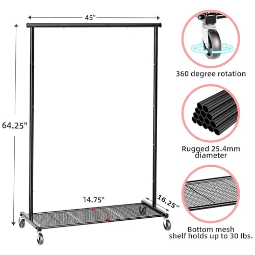 Image of Ekisemio Clothing Garment Rack on Wheels, Heavy Duty Clothes Organizer with Bottom Mesh Shelf for Hanging Clothes, Side with 2 Extend Hooks, Black