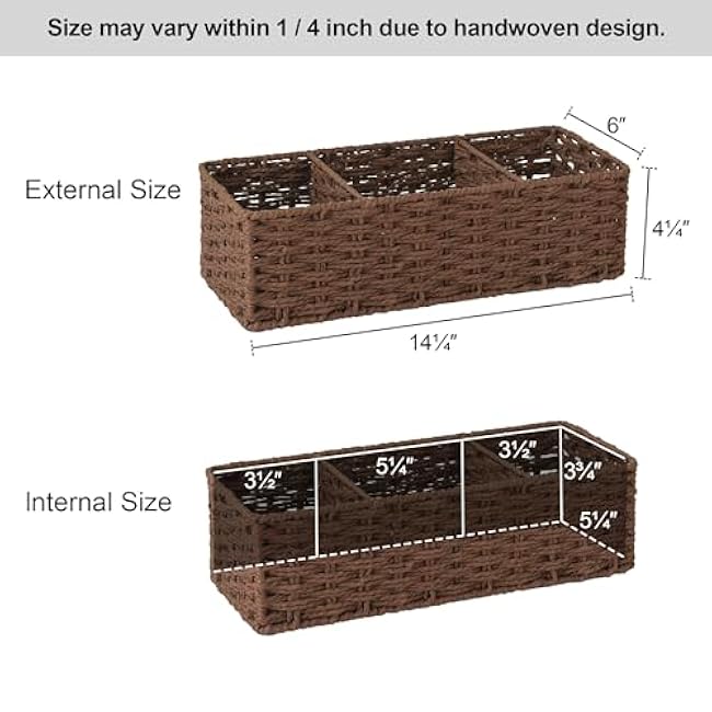 StorageWorks 3-Section Wicker Baskets for Shelves, Hand-Woven Round Paper Rope Storage Baskets, Walnut, 2-Pack
