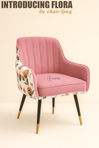 Image of Barfi Velvet Dining Chair Set of 2 with Soft Velvet, Padded seat, armrests and Strong Metal Legs. A Modern, Comfy Chair for Home, Office and Restaurants. (Pink Floral Set)