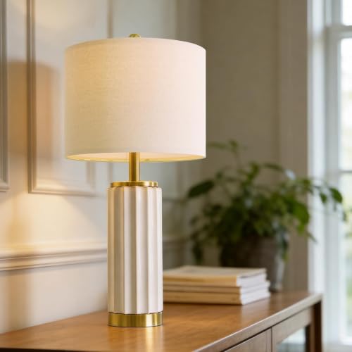 Image of USumkky 25.75 inch Off-White Ceramic Table Lamp Set of 2, Mid Century Modern Bedside Nightstand Lamps for Bedroom Living Room, Linen Shade & Gold Metal Base, Rotary Switch E26 (Bulbs Excluded)