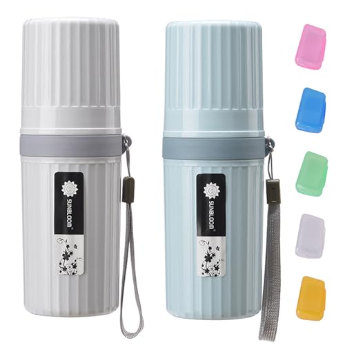 2 Piezas Estuche Cepillo Dientes con 5 Fundas para Cabezales de Cepillos de Dientes, Cepillo de Dientes Organizador,Kit Dental Viaje para Viajes de Negocios,Camping,Escuela(Gris + Azul)