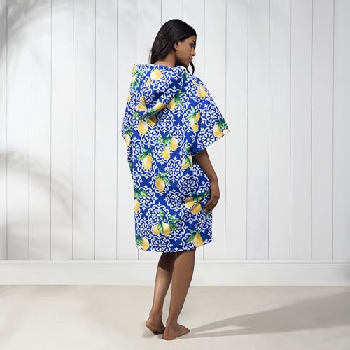 OHS Adult Changing Robe Hooded Towel, Soft Absorbent Lemon Tile Print Beach Towel Poncho for Travel Pool Quick Dry Lightweight Oversized Swimming Towels for Women, Blue/White - Image 8