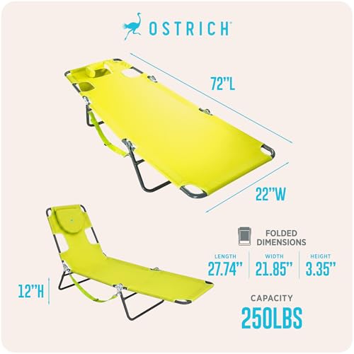 Image of Ostrich the Original Chaise 72 x 22 Inch Lounge Portable Reclining Lounger, Outdoor Patio, Beach, Lawn, Camping, or Pool Tanning Chair, Lime Green