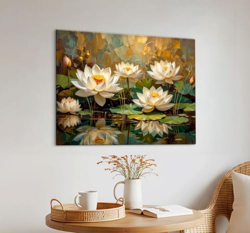 Image of ArtX White Lotus Painting For Wall Vastu, Canvas Painting for Living Room, Premium Floral Wall Painting, Gallery Wrapped, Home, Bedroom & Office Wall Decor | 45 x 58 cm