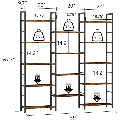 Image of Shintenchi Triple 5 Tier Bookshelf, Industrial Large Bookcase with 14 Open Display Shelves, Large Etagere Bookshelf,Wide Book Shelf Book Case for Home & Office, Brown