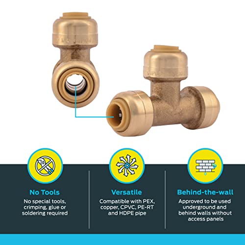 Image of SharkBite 1 /4 Inch (3 /8 Inch OD) Tee, Pack of 6, Push to Connect Brass Plumbing Fitting, PEX Pipe, Copper, CPVC, PE-RT, HDPE, U358LF