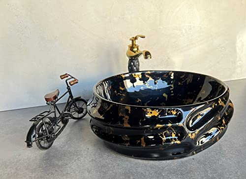 Image of Designer Glossy Finish Ceramic Art Table Top Wash Basin For Bathroom | Collapsible Countertop Washbasin (Black White Glossy Art, 16 x 13 x 6 Inch)
