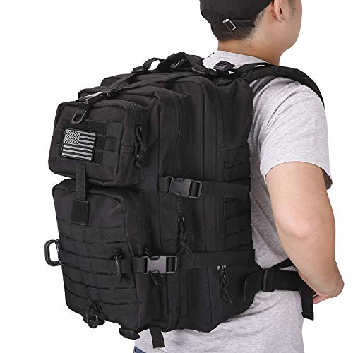 Image of Hannibal Tactical MOLLE Assault Backpack, Tactical Backpack Military Army Camping Rucksack, 3-Day Pack, D-Rings, Black with Gray Patch