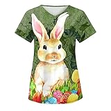 yiouyisheng Ostern Kasacks Damen Pflege Hase Kleeblatt Bunte Motive Tunika V-Ausschnitt Kurzarm Schlupfhemd Arbeitskleidung Pflege Kasack Berufskleidung Easter Bluse mit Taschen