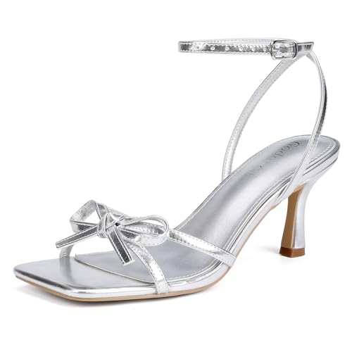Goderci Kitten Heels with Bow Strappy Heels for Women Square Open Toe Mid Heeled Sandals(7.5,Silver)