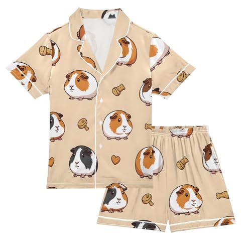Satin Pajama Sets Short Sleeve Guinea Pigs and Hearts Pattern Button Down Silky Nightwear 2 Piece PJS 5-14Y
