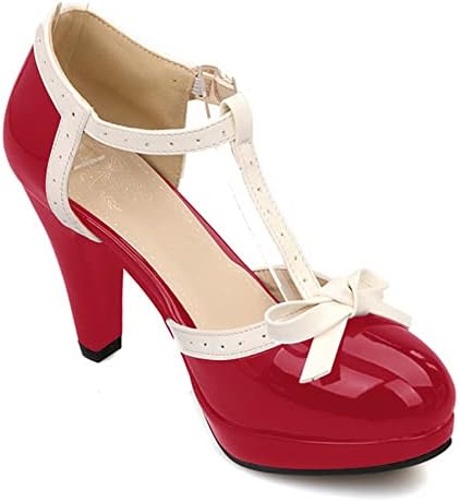 Fashion Women T-Strap High Heels Bow Platform Round Toe Pumps Patent Leather Summer Sweet Shoes（red，9）