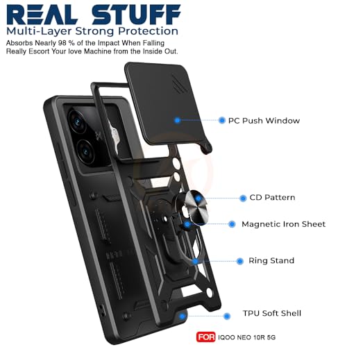 Image of Armor Bumper Back Cover Case for iQOO Neo 10R 5G Rotating Camera Cover, Ring Holder & Kickstand | Heavy Duty & 360 Degree Protection iQOO Neo 10R 5G Back Cover (Black)