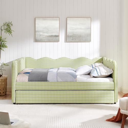 Image of KEIKI Full Size Upholstery Daybed with Trundle and USB, Full to King Design Adorable Wave Shaped Extendable Linen Sofa Bed, Easy Assembly, No Box Spring Required, for Living Room and Bedroom, Green