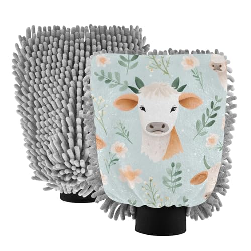 IOACIY Absorbent Microfiber Car Wash Drying Mitts, 2 Pack, Scratch-Free & Lint-Free, Rich Foam, Highly Absorbent, Double Sided, Wash Mitt Perfect for Car Washing, M, Cute Cow (6)