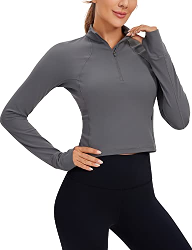 Image of CRZ YOGA Butterluxe Half Zip Crop Top | Workout, Extremely Soft, Slim Fit, Thumbholes, Side Pocket, Long Sleeve Shirts for Women