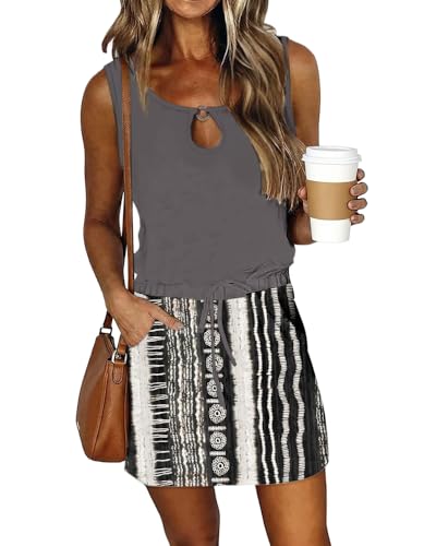 Image of SAUKOLE Womens Summer Causal Loose Sleeveless Crew Neck Drawstring Waist Mini Short Dress with Pockets